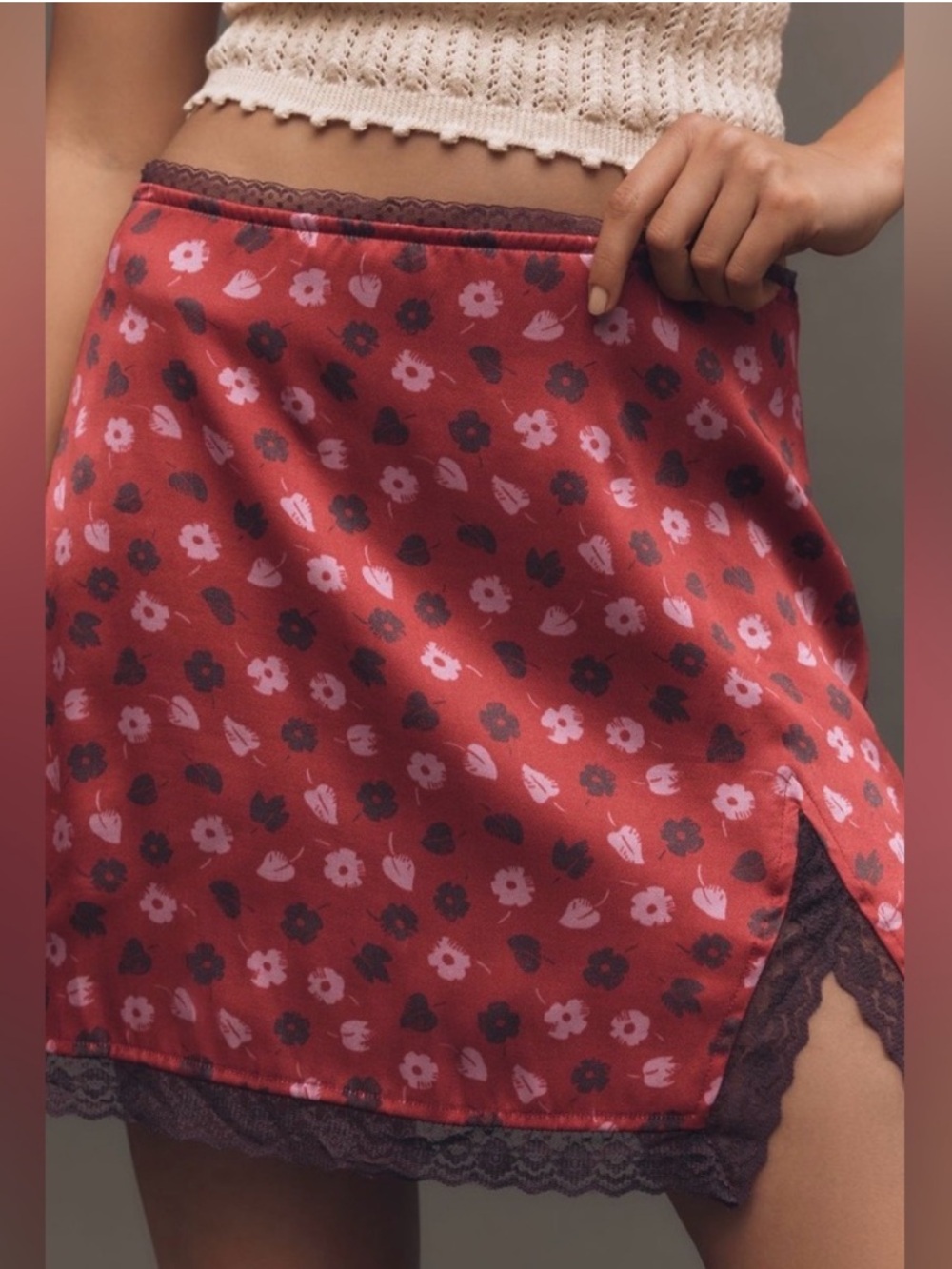 Maeve from Anthropologie Red Floral Satin Lace Trim Mini Slip SkirtSz XS